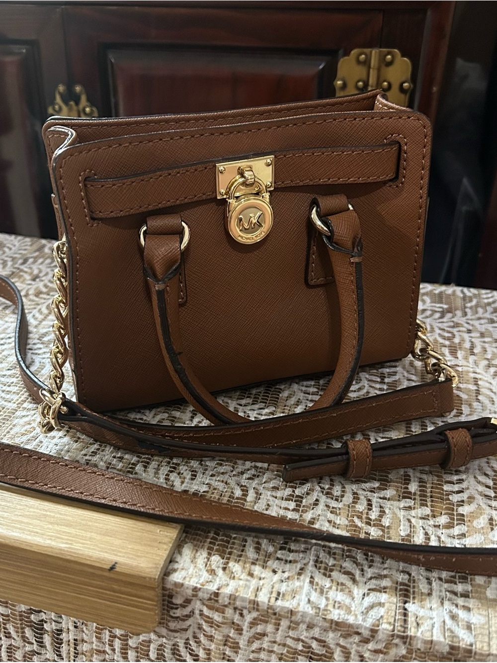 Michael Kors Brown Saffiano Mini Satchel with Gold Hardware